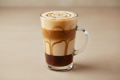"caramel latte" in a latte glass on a pale tan background