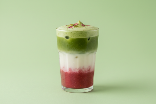 "cherry matcha drink" on a pastel green background