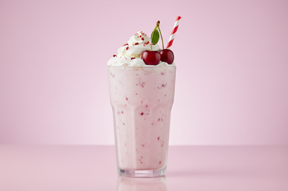 "Cherry milkshake" on a pastel pink background