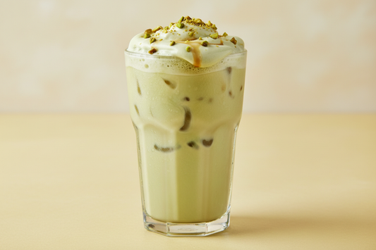 "iced pistachio latte" on a pale yellow background